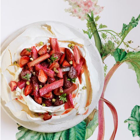 pavlova with rhubarb, strawberries, and fresh cream