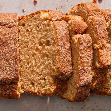 apple cider donut pound cake coated in cinnamon sugar