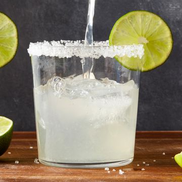 classic margaritas with a salt rim and lime garnish