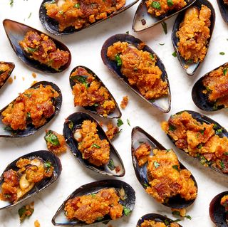 mussels stuffed with cornbread and spanish chorizo