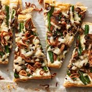 cheesy green bean and mushroom tart with crispy shallots