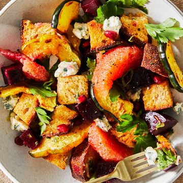 winter panzanella salad with beets squash grapefruit and blue cheese