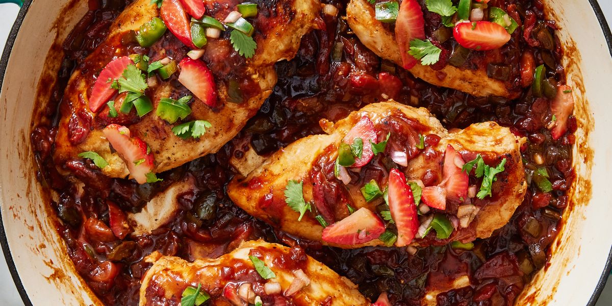 Strawberry Jalapeño Chicken seared chicken breast smothered in smoky, spicy, chipotle jalapeño strawberry sauce and topped with strawberry jalapeño salsa