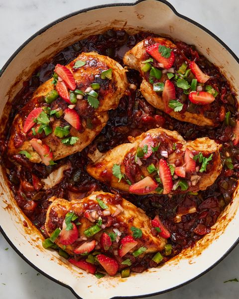 Strawberry Jalapeño Chicken seared chicken breast smothered in smoky, spicy, chipotle jalapeño strawberry sauce and topped with strawberry jalapeño salsa