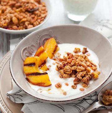 muesli,yogurt and grilled peaches muesli yogurt and grilled peaches