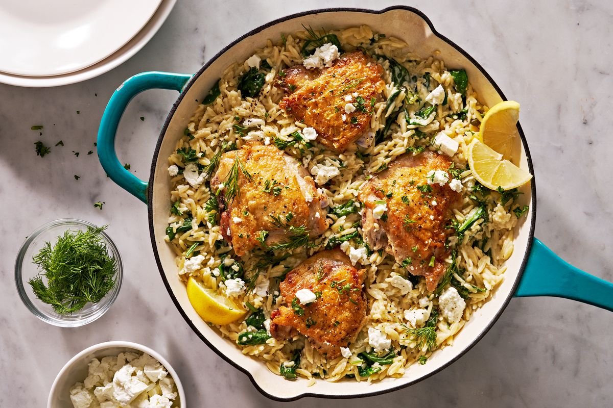 one pan lemon chicken and orzo with feta and herbs