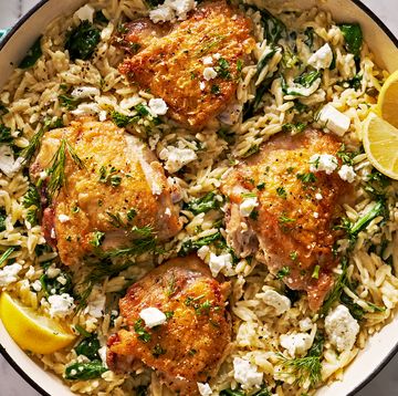 one pan lemon chicken and orzo with feta and herbs