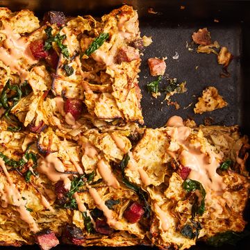 pastrami matzo kugel with kale, sauerkraut and russian dressing