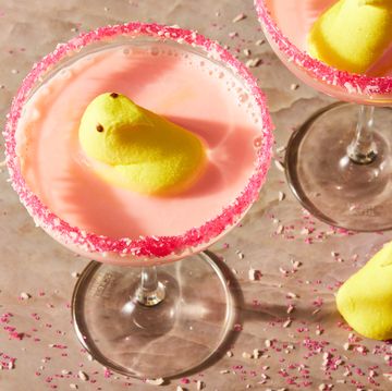 peeptini cocktail with yellow peep and sprinkle rim