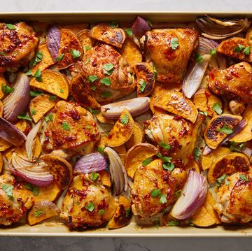 sheet pan harissa chicken and sweet potatoes