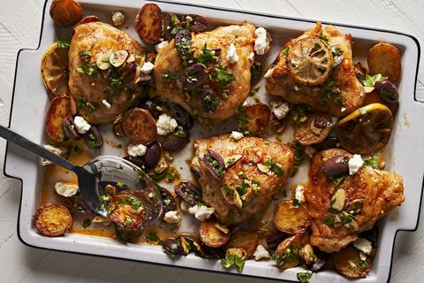 sheetpan roasted lemony chicken and potatoes with olivealmond sauce