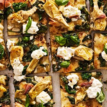 spinach artichoke flatbread with artichokes, spinach, and ricotta