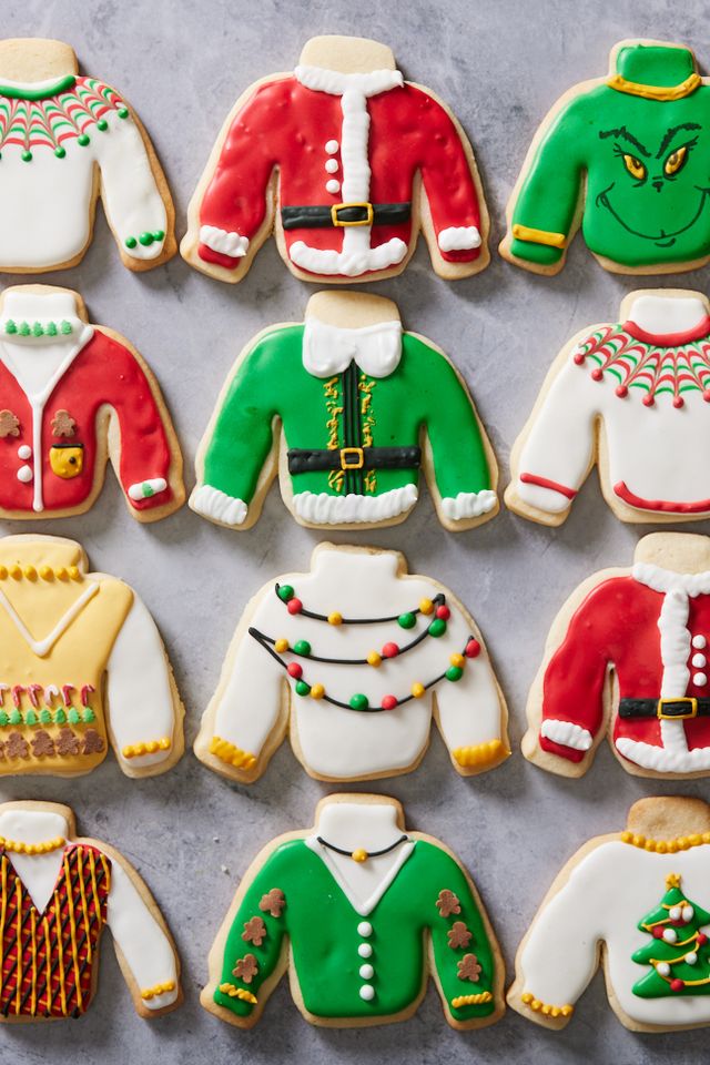 sugar cookies decorated with icing to look like ugly christmas sweaters