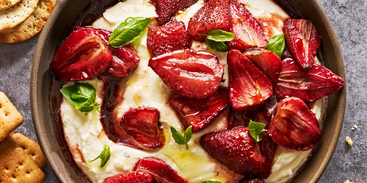 whipped feta with balsamic roasted strawberries served with crackers