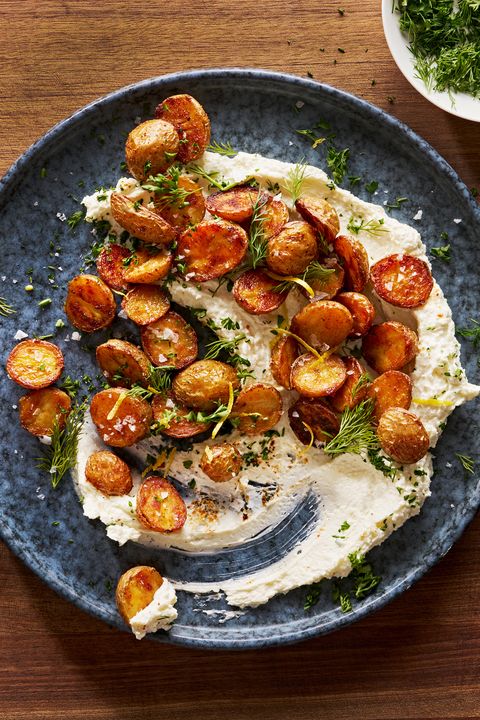 whipped feta topped with crispy roasted potatoes