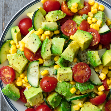 avocado tomato salad with corn and cucumbers